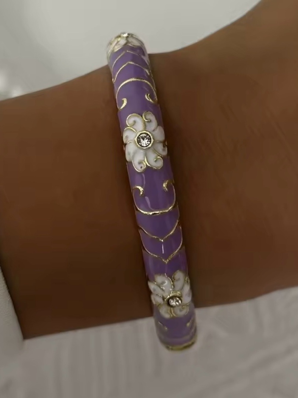 Lavender Floral Enamel Bangle Bracelet with Gold Trim